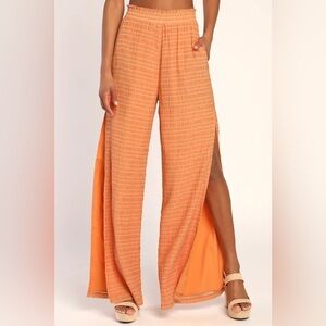 Lulus Smock and Roll Orange Striped Smocked Slit Wide-Leg Pants